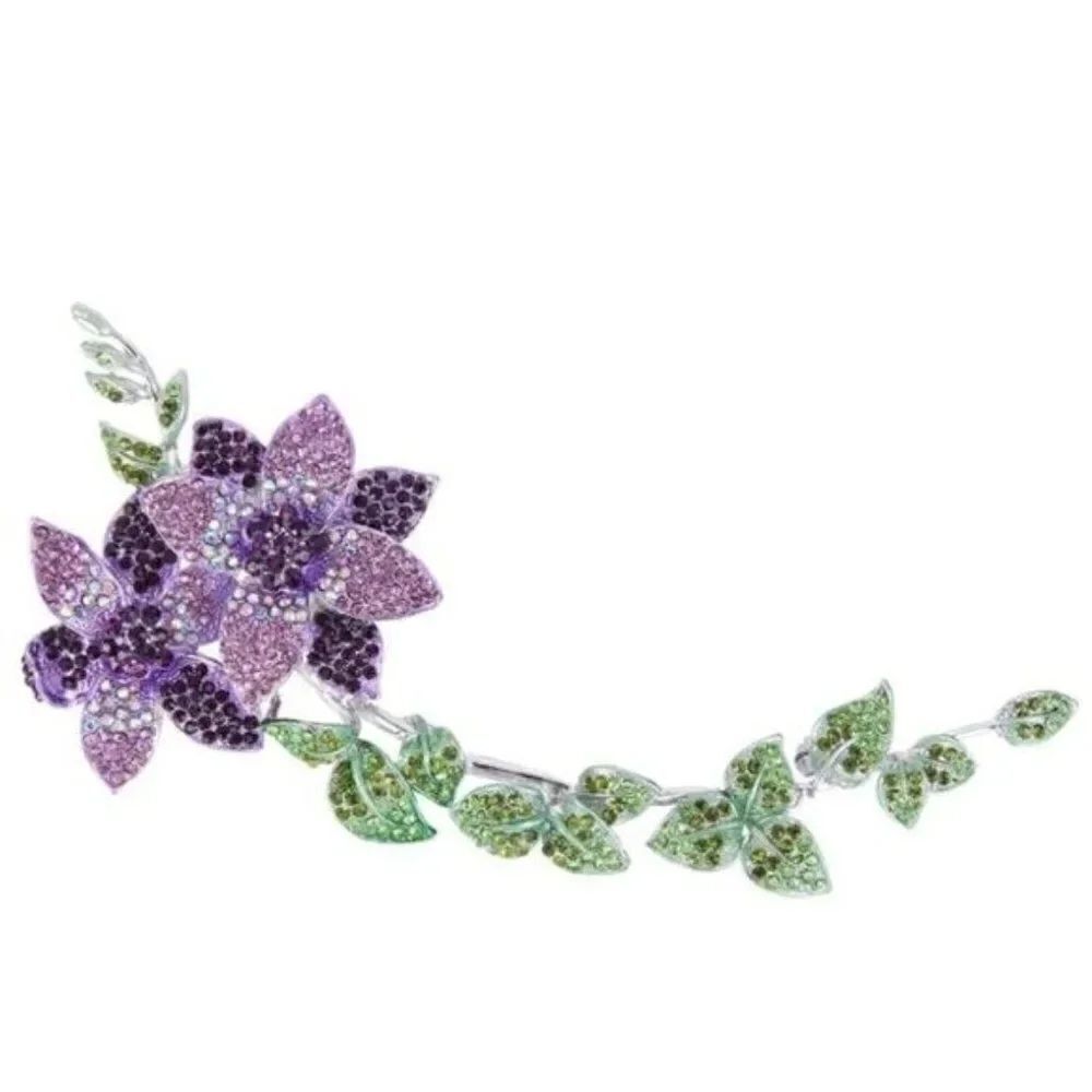 Long Silver with Amethyst and Emerald Austrian Crystal Flower and Leaf Brooch